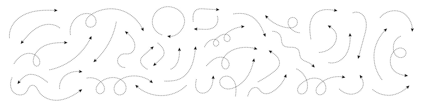Thin curved dotted arrow. Zigzag arrow stripes design with dotted lines. Thin arrows. Vector illustration.