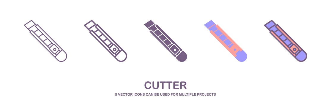 Cutter icon set, stationery knife, cutter for opening packaging, flat symbol on white background - editable stroke vector illustration