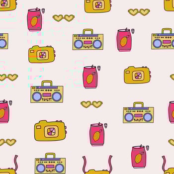 Cute summer seamless pattern with radio, sunglasses, carbonated drink, camera vector
