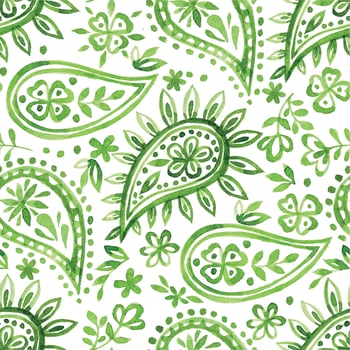 watercolor seamless pattern with oriental paisley in green color on a white background vector