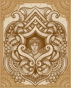 Illustration vector Helios God of sun with vintage engraving ornament frame perfect for your merchandise and T shirt