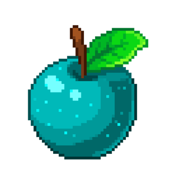 An 8-bit retro-styled pixel-art illustration of a blue apple. png