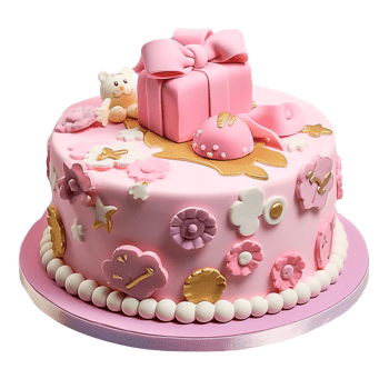 Delicious decorated pink birthday fondant cake on transparent background png