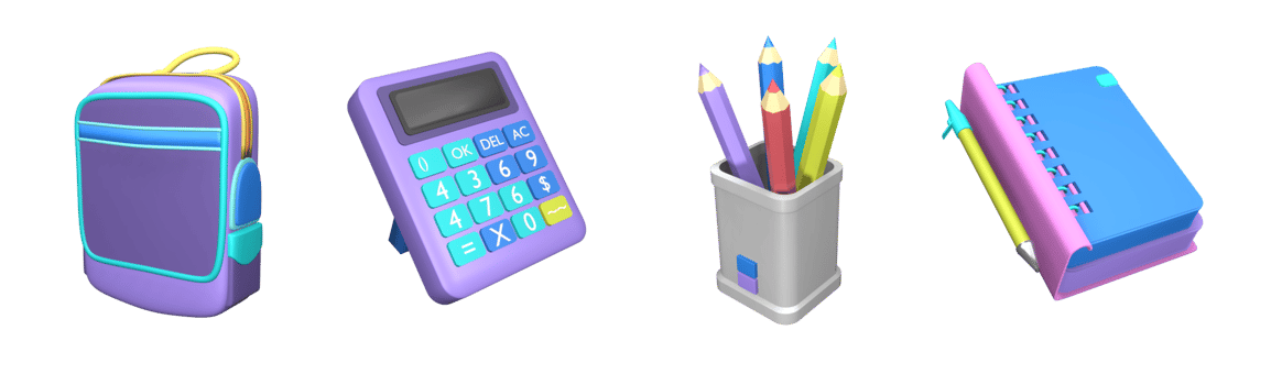 3D icon back to school collection rendered isolated on the transparent background. Calculator, bag, colored pencils, and book object for your design. png