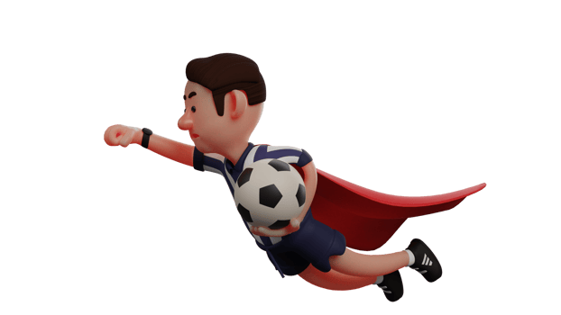 3D illustration. Man 3D Cartoon Character. The man plays the role of a referee and holds the ball. The referee flies with red wings while carrying his pride ball. 3D Cartoon Character png