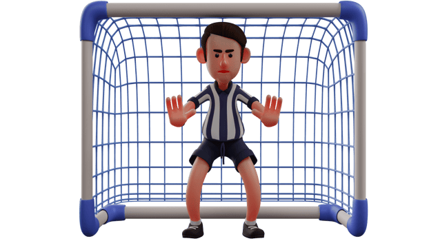 3D illustration. Goal Keeper 3D Cartoon Character. The goalkeeper is in front of the goal and raises his arms forward to block the ball. The goalkeeper shows a serious expression. 3D Cartoon Character png