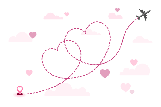 love airplane route. Air plane flight route with start point and dash line trace. Romantic travel, heart dashed path isolated on transparent background. png