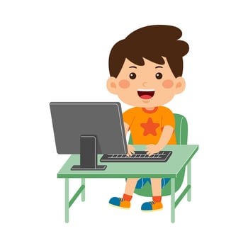 cute little kid girl use computer vector illustration