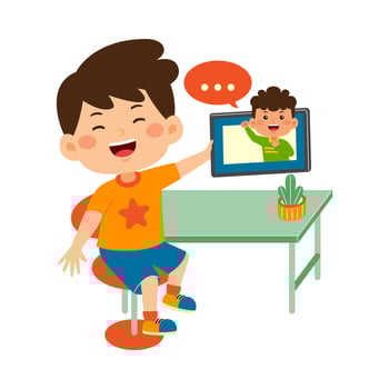cute little kid use tablet vector illustration