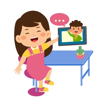 cute little kid use tablet vector illustration
