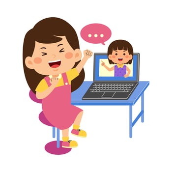 cute little kid use laptop vector illustration