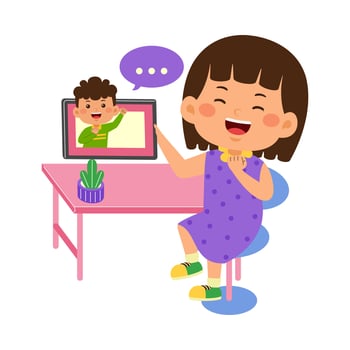 cute little kid use tablet vector illustration