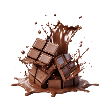 chocolate pieces falling on chocolate sauce with isolated on a transparent background png