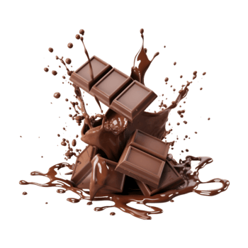 chocolate pieces falling on chocolate sauce with isolated on a transparent background png