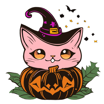 Cute cat sitting in Halloween pumpkin head png