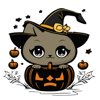 Cute cat sitting in Halloween pumpkin head png