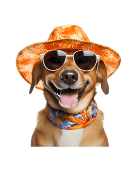 close-up photo of a happy dog wearing a summer hat and cool looking glasses isolated on a transparent background png
