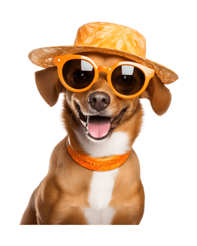 close-up photo of a happy dog wearing a summer hat and cool looking glasses isolated on a transparent background png
