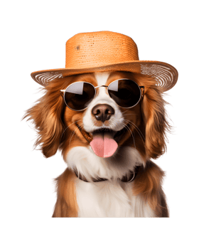close-up photo of a happy dog wearing a summer hat and cool looking glasses isolated on a transparent background png