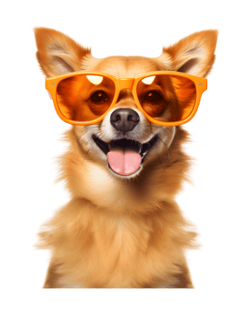 close-up photo of a happy dog wearing a summer hat and cool looking glasses isolated on a transparent background png