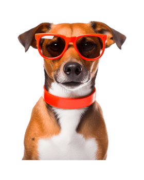 close-up photo of a happy dog wearing cool looking glasses isolated on a transparent background png