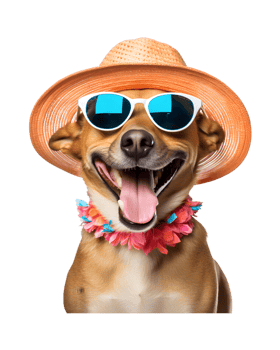 close-up photo of a happy dog wearing a summer hat and cool looking glasses isolated on a transparent background png