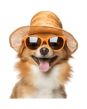 close-up photo of a happy dog wearing a summer hat and cool looking glasses isolated on a transparent background png