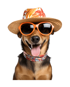 close-up photo of a happy dog wearing a summer hat and cool looking glasses isolated on a transparent background png