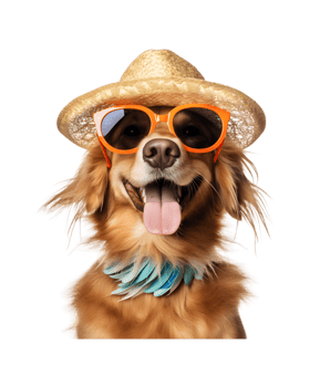 close-up photo of a happy dog wearing a summer hat and cool looking glasses isolated on a transparent background png