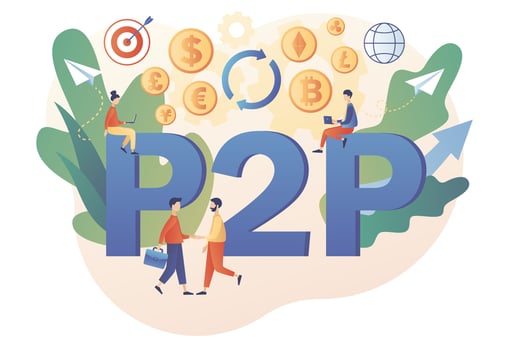 Peer-to-peer trading. P2P lending. Investment in loan. Tiny people enter into deposit agreement. Invest e-money. Cryptocurrency. Modern flat cartoon style. Vector illustration on white background