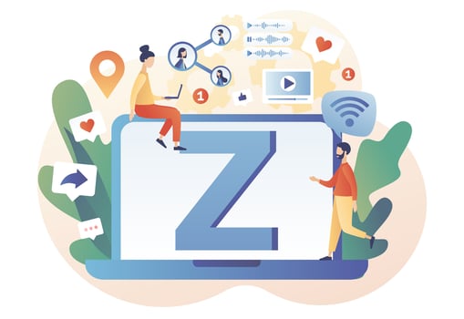 Generation Z. Online lifestyle. Internet culture. Progressive young teens using technology and gadget to communicate. New and modern demography trend. Modern flat cartoon style. Vector illustration