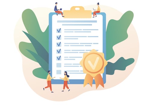 Quality guarantee. Tiny people choice premium product. Quality check and control. Evaluation, expertise and inspection for errors. Modern flat cartoon style. Vector illustration on white background