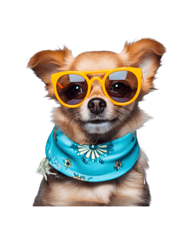 A cool looking dog wearing glasses and fashion clothes poses like a model isolated on a transparent background png