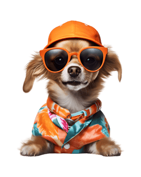A cool looking dog wearing glasses and fashion clothes poses like a model isolated on a transparent background png