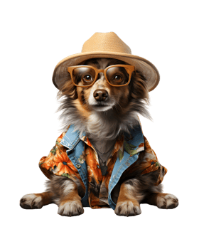 A cool looking dog wearing glasses and fashion clothes poses like a model isolated on a transparent background png
