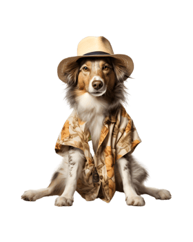 A cool looking dog wearing glasses and fashion clothes poses like a model isolated on a transparent background png
