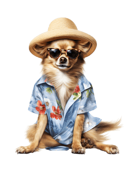 A cool looking dog wearing glasses and fashion clothes poses like a model isolated on a transparent background png