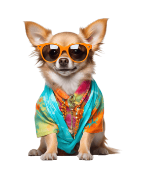 cute dog portrait posing like a model wearing a jacket and glasses isolated on a transparent background png