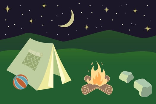 Camping illustration with tent, fire and stones. Night time camping illustration under starry sky. vector