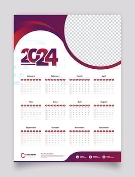 SImple single page wall calendar of 2024 with gradient color and image placeholder vector