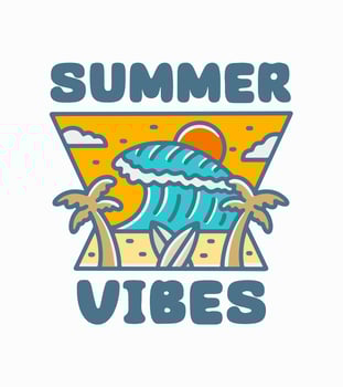 summer vibes vector art. the coconut, surfboard, and wave mono line design for t-shirt, badge, and sticker vector illustration