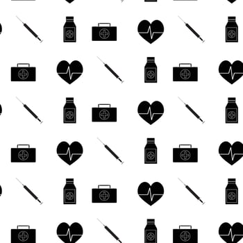 Monochrome pattern medicine. Injection and first aid kit, vector illustration