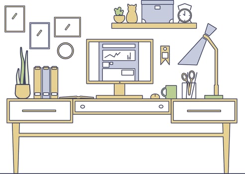 Line art workplace in flat style. Outline illustration of modern creative working place interior. vector