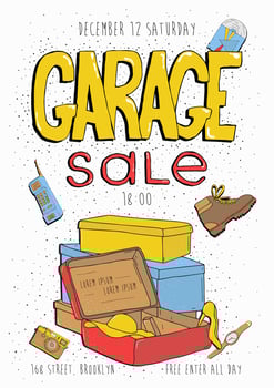 Garage sale poster, event invitation. Hand drawn colorful illustration with old goods. vector