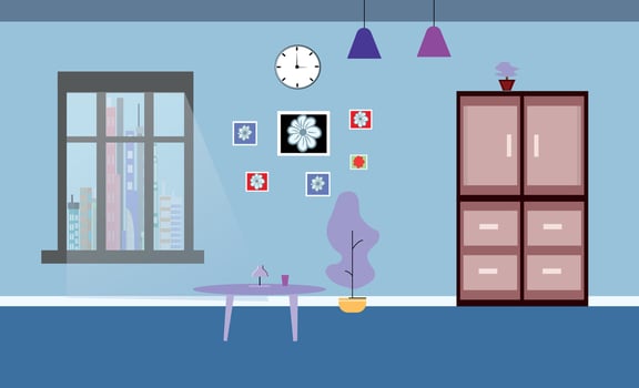 Vector room design sofa, bookcase, picture. Living room interior.Flat style vector illustration.