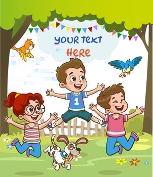 little kids playing with his friend in nature and feeling happy vector
