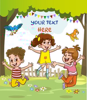 little kids playing with his friend in nature and feeling happy vector