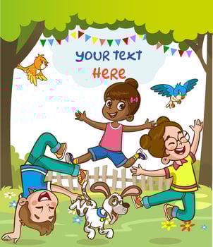 little kids playing with his friend in nature and feeling happy vector