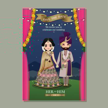Wedding invitation card the bride and groom cute couple in traditional indian dress cartoon character. Vector illustration