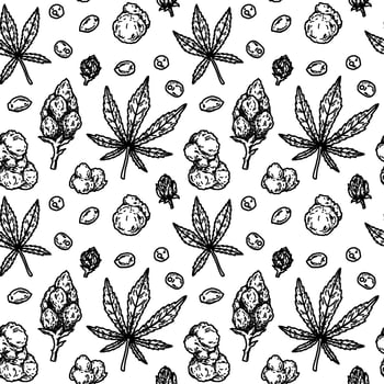 Marijuana leaves and buds seamless pattern. Cannabis hand drawn vintage background. Vector illustration in sketch style. Weed engraving design